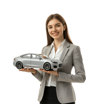 Smiling young businesswoman holding car model with hand pointing at empty space isolate on transparent background png