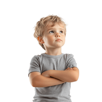 Little boy thinking and looking at empty space, standing front view isolate on transparent background png