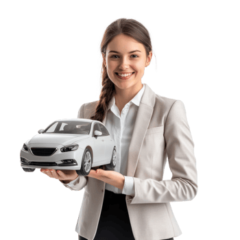 Smiling young businesswoman holding car model with hand pointing at empty space front view isolate on transparent background png