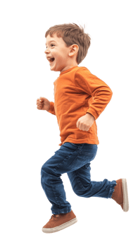 Little boy with excited smile he is run in air, Full length, side view isolate on transparent background png