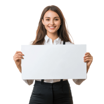 Smiling young businesswoman hold and show white advertising board, standing isolate on transparent background png