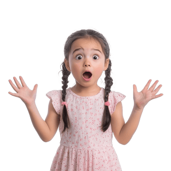 Shocked facial expression little girl student with hand open, standing isolate on transparent background png