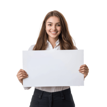 Smiling young businesswoman hold and show white advertising board, standing isolate on transparent background png