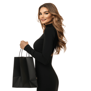 Smiling Beautiful elegant fashion woman in black dress holding black paper shopping bag, standing, Black Friday concept side view isolate on transparent background png