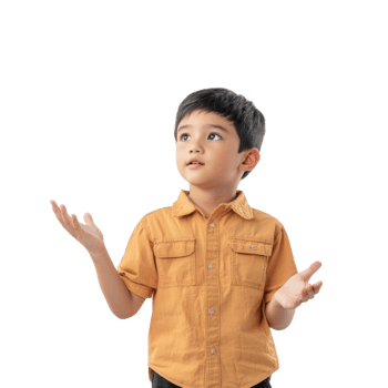 Young little boy student hand present something at copy space, standing front view isolate on transparent background png