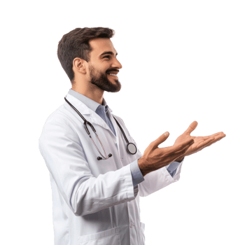 Happy smiling male doctor with hand present something empty space, standing side view isolate on transparent background png