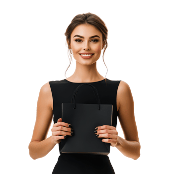 Smiling Beautiful elegant fashion woman in black dress holding black paper shopping bag, standing, Black Friday concept front view isolate on transparent background png
