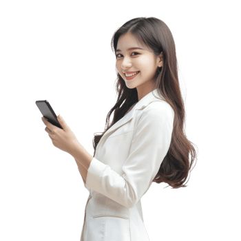 Asian beautiful woman smiling and holding smartphone looking at empty space, standing side view isolate on transparent background png