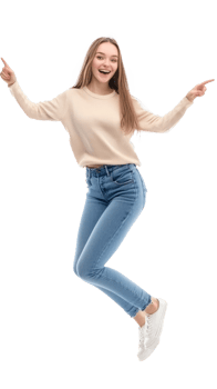 Excited young woman floating in air with hand pointing to copyspace, Full length, isolate on transparent background png