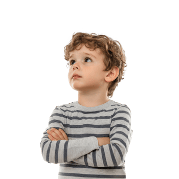 Little boy thinking and looking at empty space, standing front view isolate on transparent background png