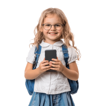 Happy smiling little girl student using smart phone, standing isolate on transparent background png
