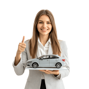 Smiling young businesswoman holding car model with hand pointing at empty space, standing front view isolate on transparent background png