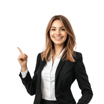 Happy smiling business woman in suit with hand pointing at empty space, standing isolate on transparent background png