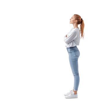 Female customer thinking and looking at empty space, standing side view isolate on transparent background png