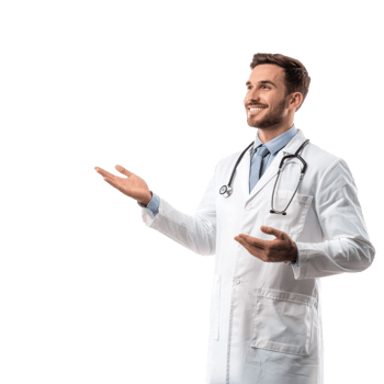 Happy smiling male doctor with hand present something empty space, standing isolate on transparent background png
