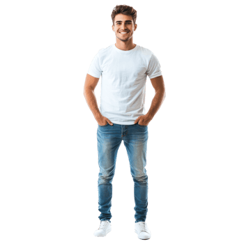 Smiling young man standing with hands in pockets, standing front view isolate on transparent background png