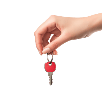 Woman long hand holding house key isolate on transparent background png