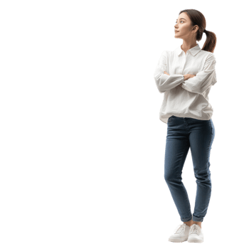 Female customer thinking and looking at empty space, standing front view isolate on transparent background png