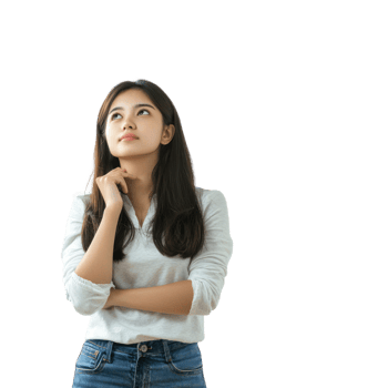 Female customer thinking and looking at empty space, standing isolate on transparent background png