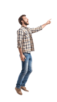 Excited young man floating in air with hand pointing to copyspace, Full length, side view isolate on transparent background png