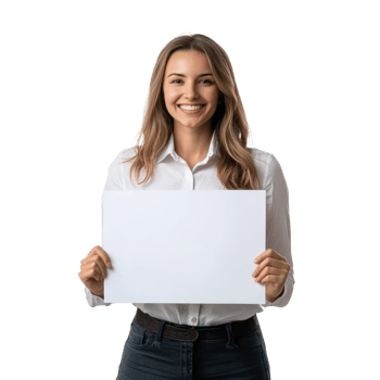 Smiling young businesswoman hold and show white advertising board, standing front view isolate on transparent background png