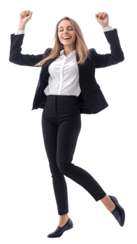 Happy business woman dancing, full length front view isolate on transparent background png