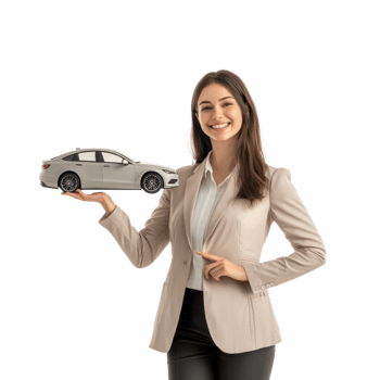 Smiling young businesswoman holding car model with hand pointing at empty space, standing side view isolate on transparent background png