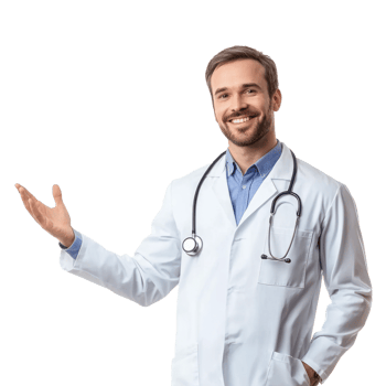 Happy smiling male doctor with hand present something empty space, standing isolate on transparent background png