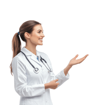 Happy smiling female doctor with hand present something empty space, standing side view isolate on transparent background png