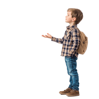 Young little boy student hand present something at copy space, standing side view isolate on transparent background png