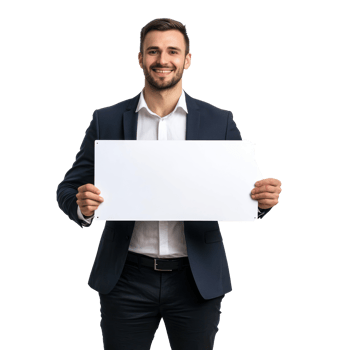 Smiling young businessman hold and show white advertising board, standing front view isolate on transparent background png