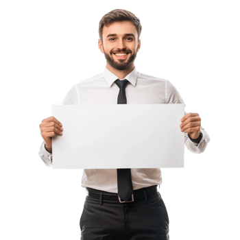 Smiling young businessman hold and show white advertising board, standing isolate on transparent background png