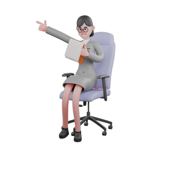 3D Professional female News Journalist. A female journalist sits on her work chair while carrying a clipboard while one hand points a finger gun symbol to the right. Cartoon png