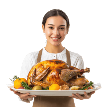 Smiling woman holding a tray with roasted turkey for thanksgiving, standing front view isolate on transparent background png