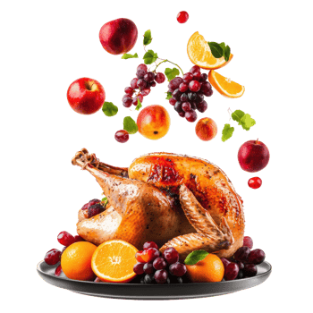 Roasted turkey with apples, grapes, orange and fruit falling in the air front view isolate on transparent background png