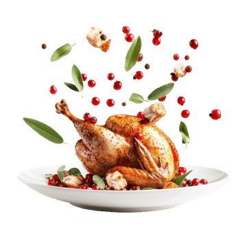 Roasted turkey garnished with red berries and sage leaves, falling in the air into plate isolate on transparent background png