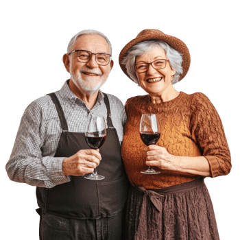 Happy senior couple celebrating thanksgiving, standing front view isolate on transparent background png