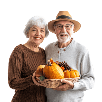 Happy senior couple celebrating thanksgiving, standing front view isolate on transparent background png