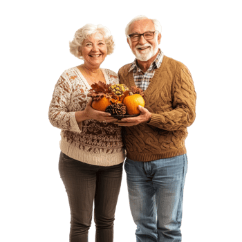 Happy senior couple celebrating thanksgiving, standing isolate on transparent background png