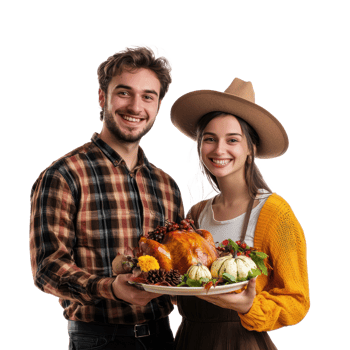 Happy couple celebrating thanksgiving, standing front view isolate on transparent background png