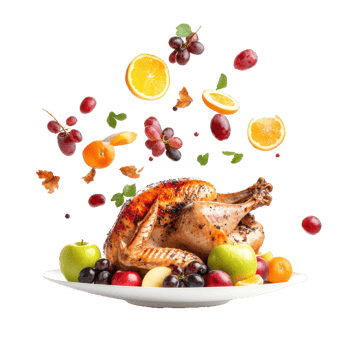 Roasted turkey with apples, grapes, orange and fruit falling in the air into plate isolate on transparent background png
