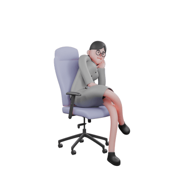 3D female News Character. A female journalist is sitting in her work chair with her legs crossed and one hand supporting her head. Journalist Professional png