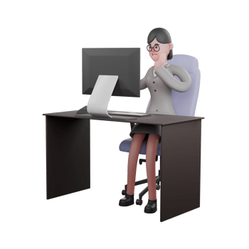 3D female Journalist in Action. A female journalist is sitting in her work desk chair with a monitor screen in front of her and her left hand is holding her cheek. Professional News png