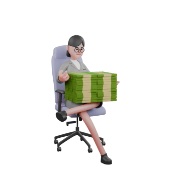 3D Professional female Journalist Character. A female journalist is carrying several stacks of money on her lap. News png
