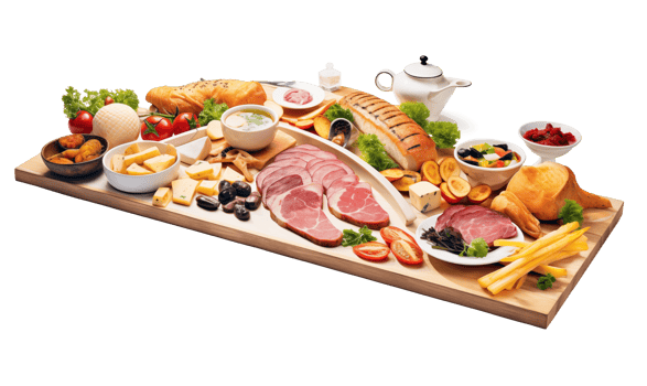 Breakfast buffet with variety of food on wooden board isolated on transparent background png