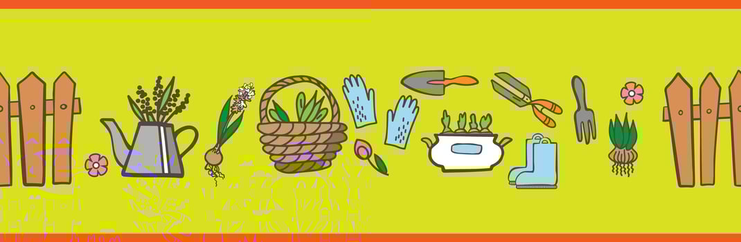 Gardening tools and flowers set in border pattern vector