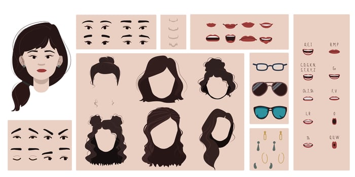 Asian female face constructor, avatar of woman character creation hairstyle, nose, eyes with eyebrows and lips.Cartoon set suitable for animation and lip sync speaking. vector