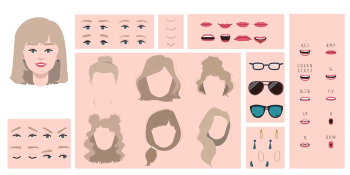 Female face constructor, avatar of woman character creation hairstyle, nose, eyes with eyebrows and lips. Cartoon set suitable for animation and lip sync speaking. vector