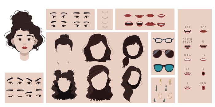 Asian female face constructor, avatar of woman character creation hairstyle, nose, eyes with eyebrows and lips.Cartoon set suitable for animation and lip sync speaking. vector