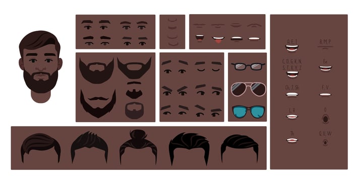 Brown skin colored man face constructor, avatar of male character creation hairstyle, nose, eyes, eyebrows and lips. Cartoon set suitable for animation and lip sync speaking. vector